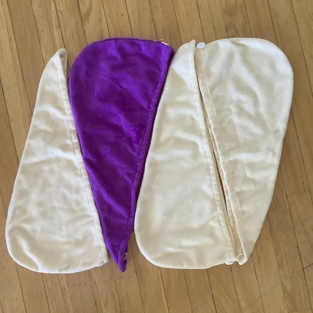 Lot of 4 Polyester Hair Towels -  3 Cream & 1 Purple